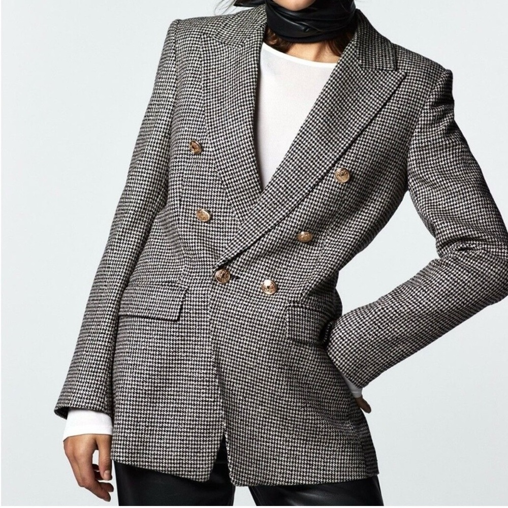 Zara Black and White Houndstooth Tailored Blazer